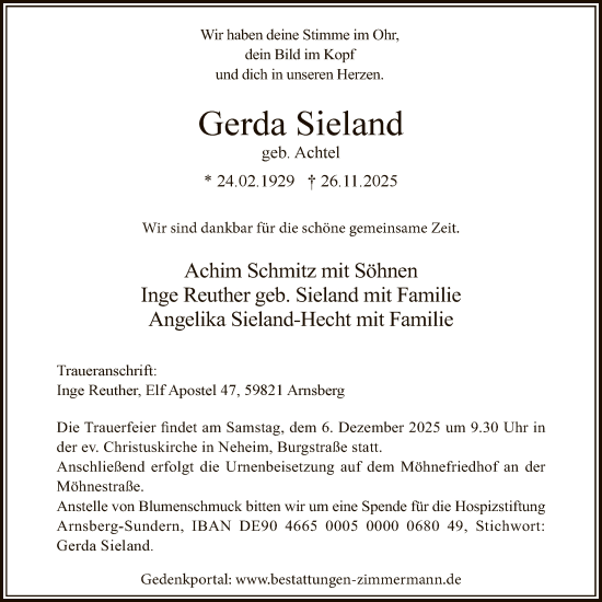 Traueranzeige von Gerda Sieland von HASK
