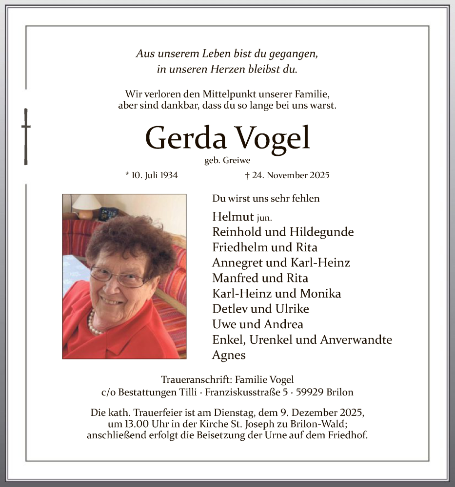  Traueranzeige für Gerda Vogel vom 29.11.2025 aus HASK