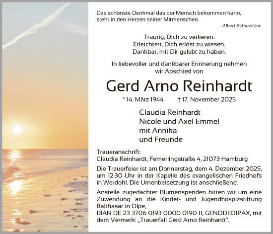 Traueranzeige von Gerd Arno Reinhardt von HALN
