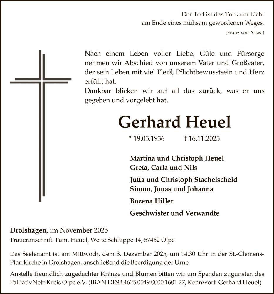  Traueranzeige für Gerhard Heuel vom 22.11.2025 aus HASK