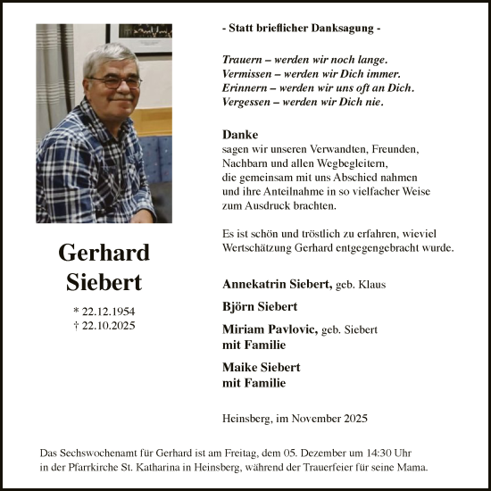Traueranzeige von Gerhard Siebert von HASK