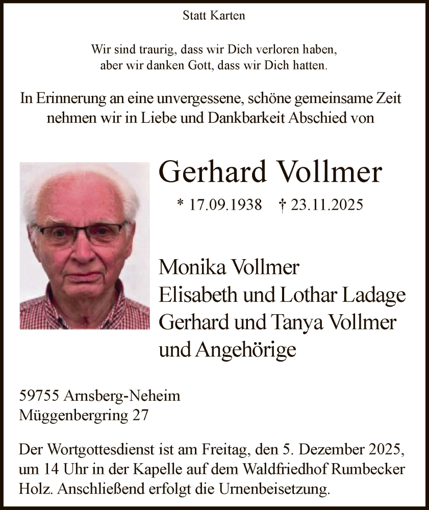  Traueranzeige für Gerhard Vollmer vom 29.11.2025 aus HASK