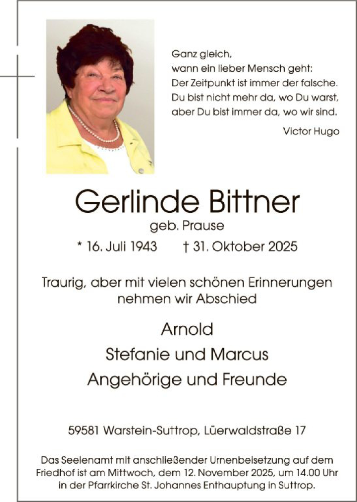  Traueranzeige für Gerlinde Bittner vom 08.11.2025 aus HASO