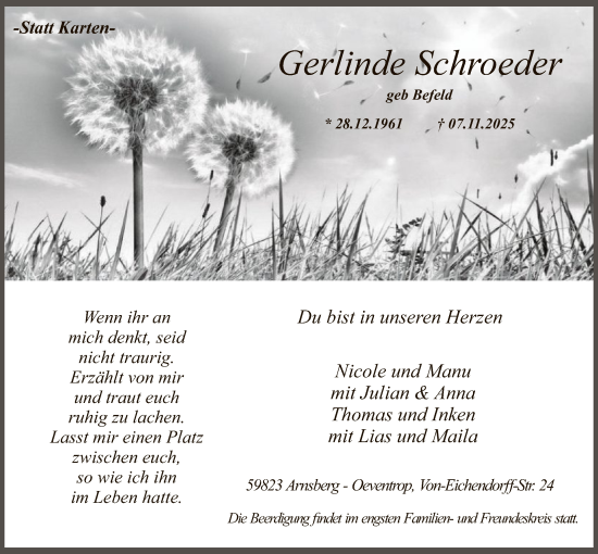 Traueranzeige von Gerlinde Schroeder von HASK