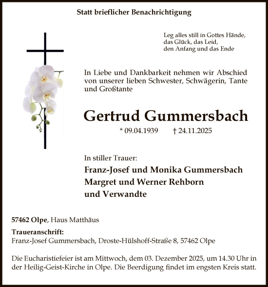 Traueranzeige von Gertrud Gummersbach von HASK