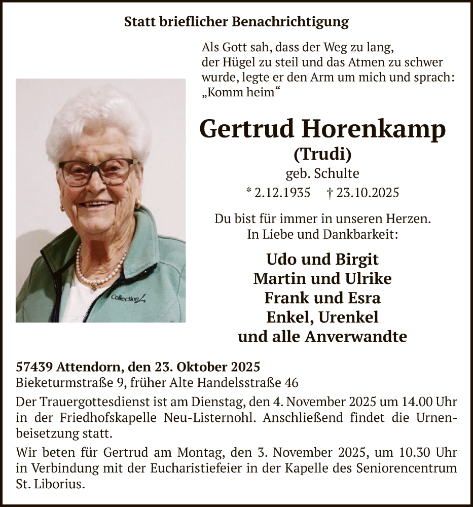  Traueranzeige für Gertrud Horenkamp vom 31.10.2025 aus HASK
