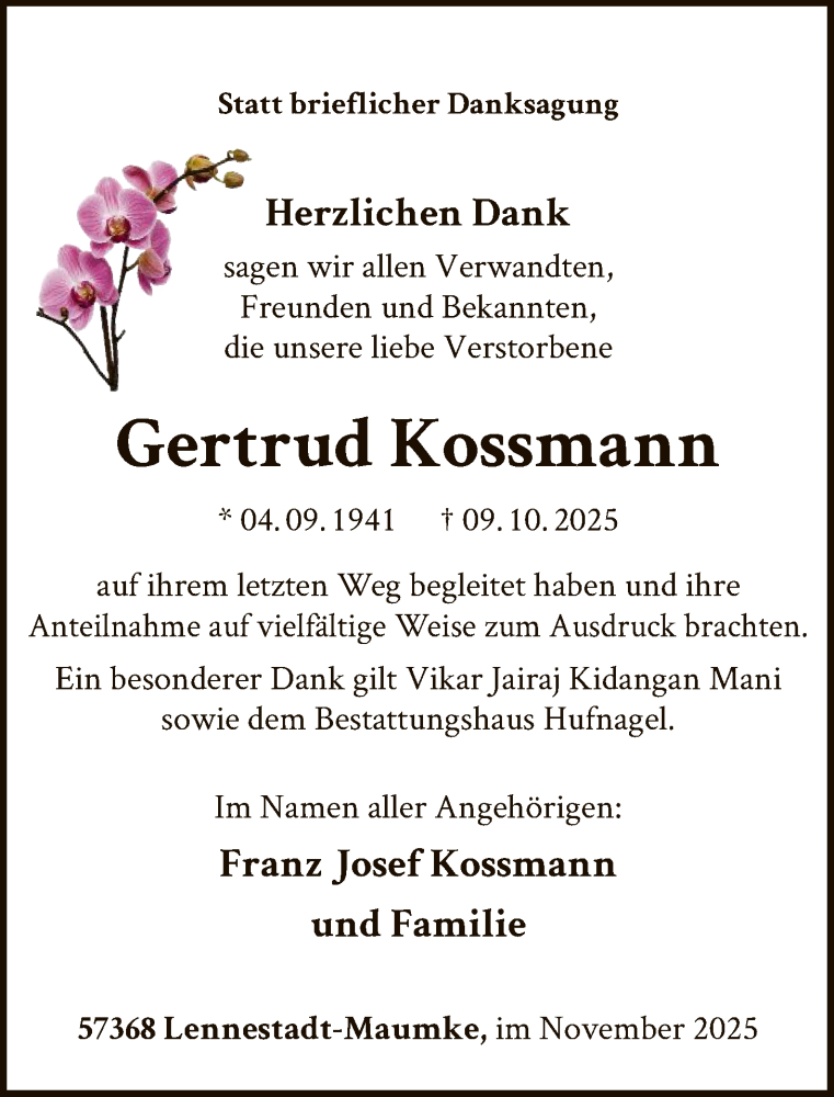  Traueranzeige für Gertrud Kossmann vom 22.11.2025 aus HASK