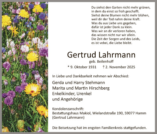 Traueranzeige von Gertrud Lahrmann von HAWA