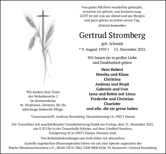 Traueranzeige von Gertrud Stromberg von HAWA
