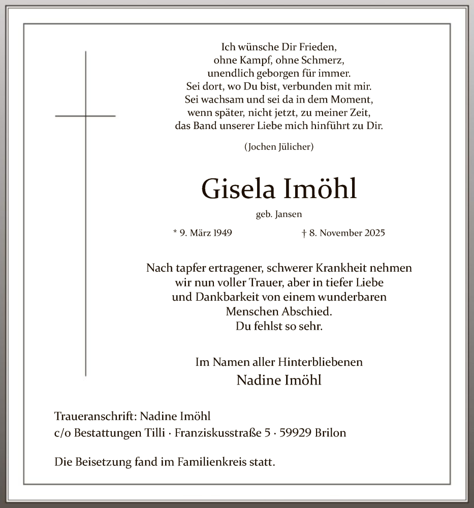  Traueranzeige für Gisela Imöhl vom 22.11.2025 aus HASK