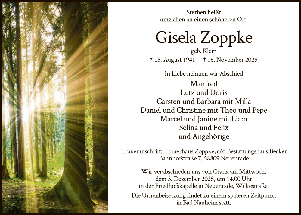  Traueranzeige für Gisela Zoppke vom 22.11.2025 aus HALN