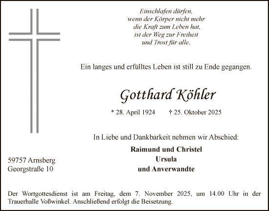 Traueranzeige von Gotthard Köhler von HASK