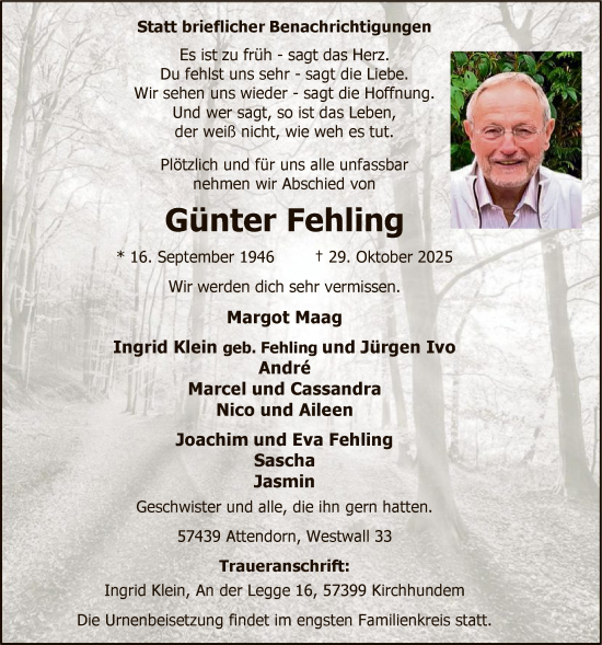 Traueranzeige von Günter Fehling von HASK
