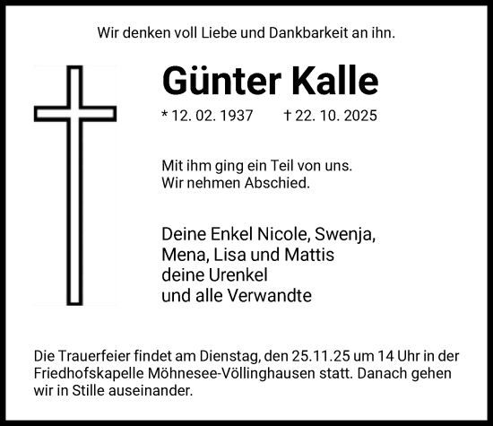 Traueranzeige von Günter Kalle von HASO