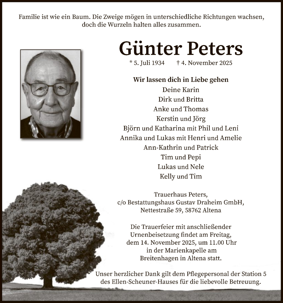  Traueranzeige für Günter Peters vom 08.11.2025 aus HALN