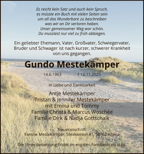 Traueranzeige von Gundo Mestekämper von HALN