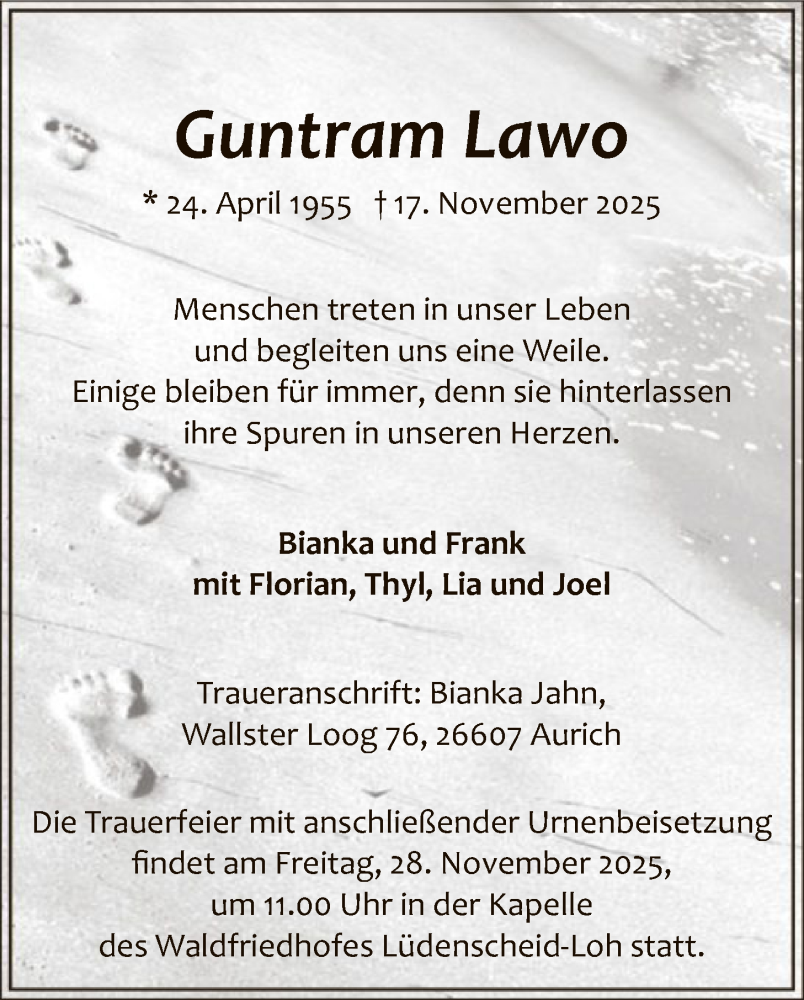  Traueranzeige für Guntram Lawo vom 22.11.2025 aus HALN