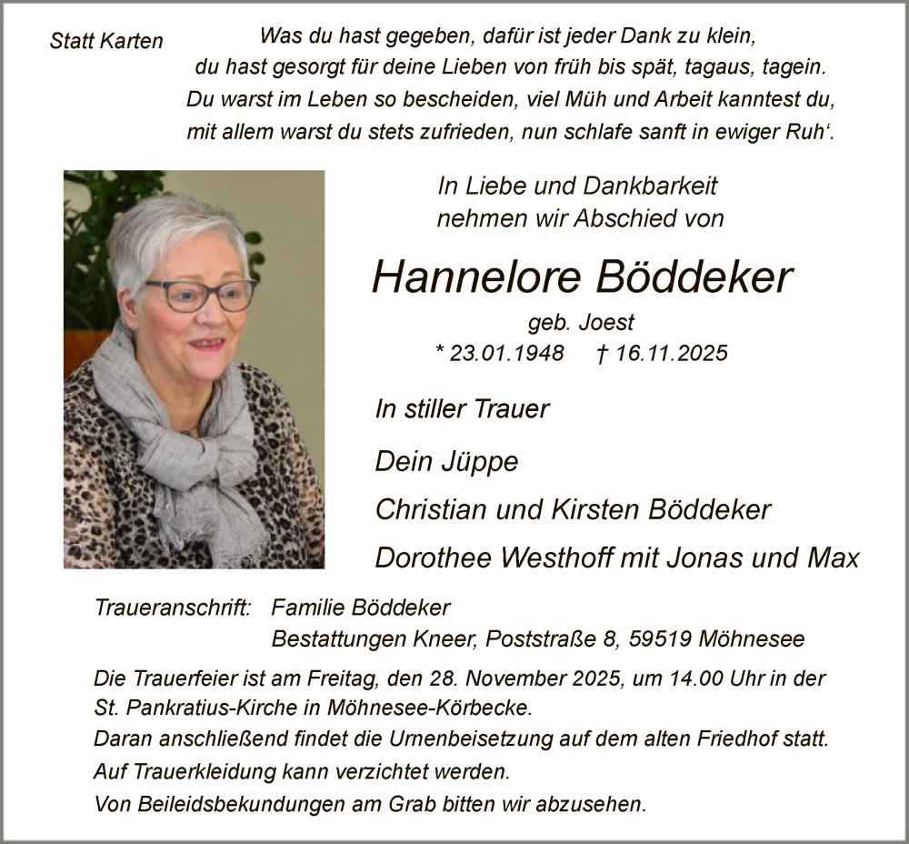  Traueranzeige für Hannelore Böddeker vom 22.11.2025 aus HASO