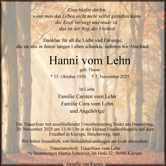 Traueranzeige von Hanni vom Lehn von HALN