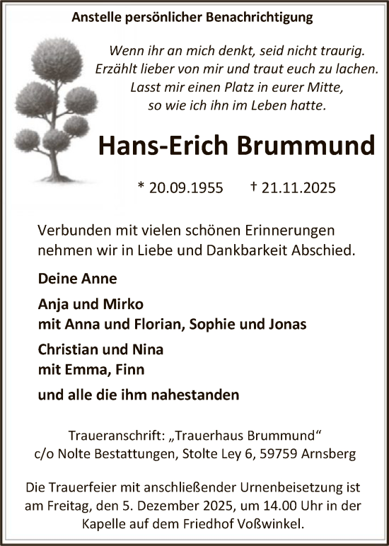 Traueranzeige von Hans-Erich Brummund von HASK
