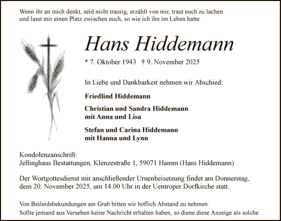Traueranzeige von Hans Hiddemann von HAWA