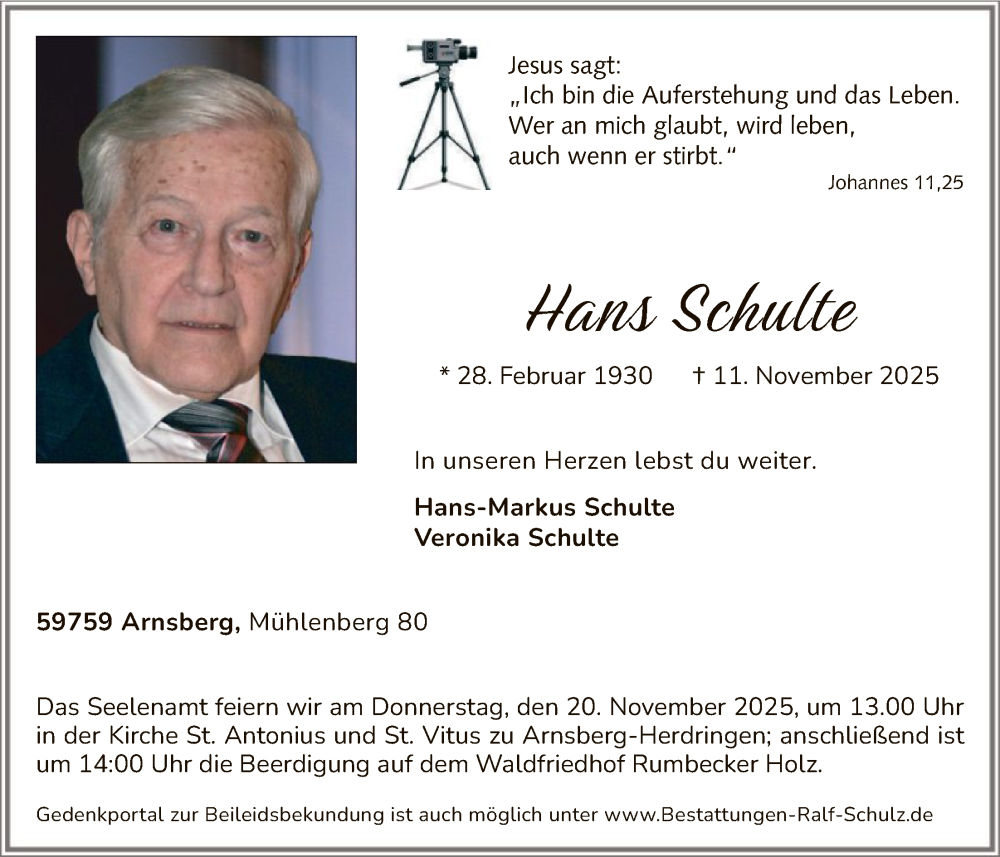  Traueranzeige für Hans Schulte vom 15.11.2025 aus HASK
