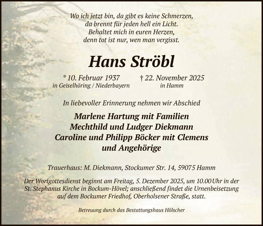 Traueranzeige für Hans Ströbl vom 29.11.2025 aus HAWA