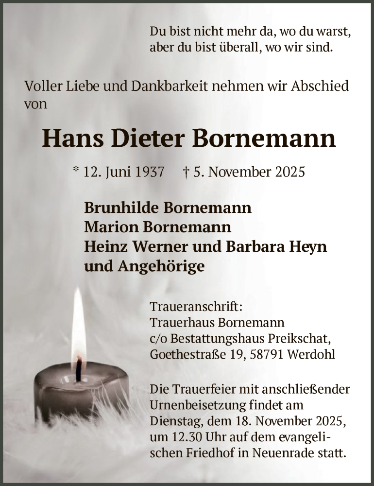  Traueranzeige für Hans Dieter Bornemann vom 12.11.2025 aus HALN