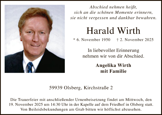 Traueranzeige von Harald Wirth von HASK