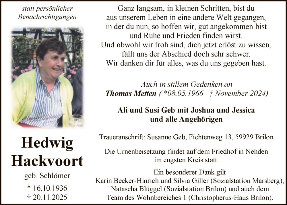  Traueranzeige für Hedwig Hackvoort vom 29.11.2025 aus HASK