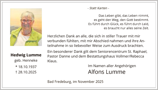 Traueranzeige von Hedwig Lumme von HASK