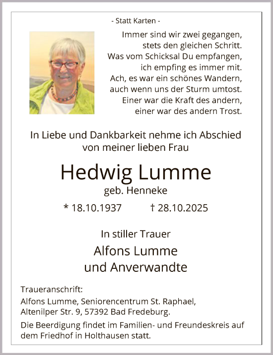 Traueranzeige von Hedwig Lumme von HASK