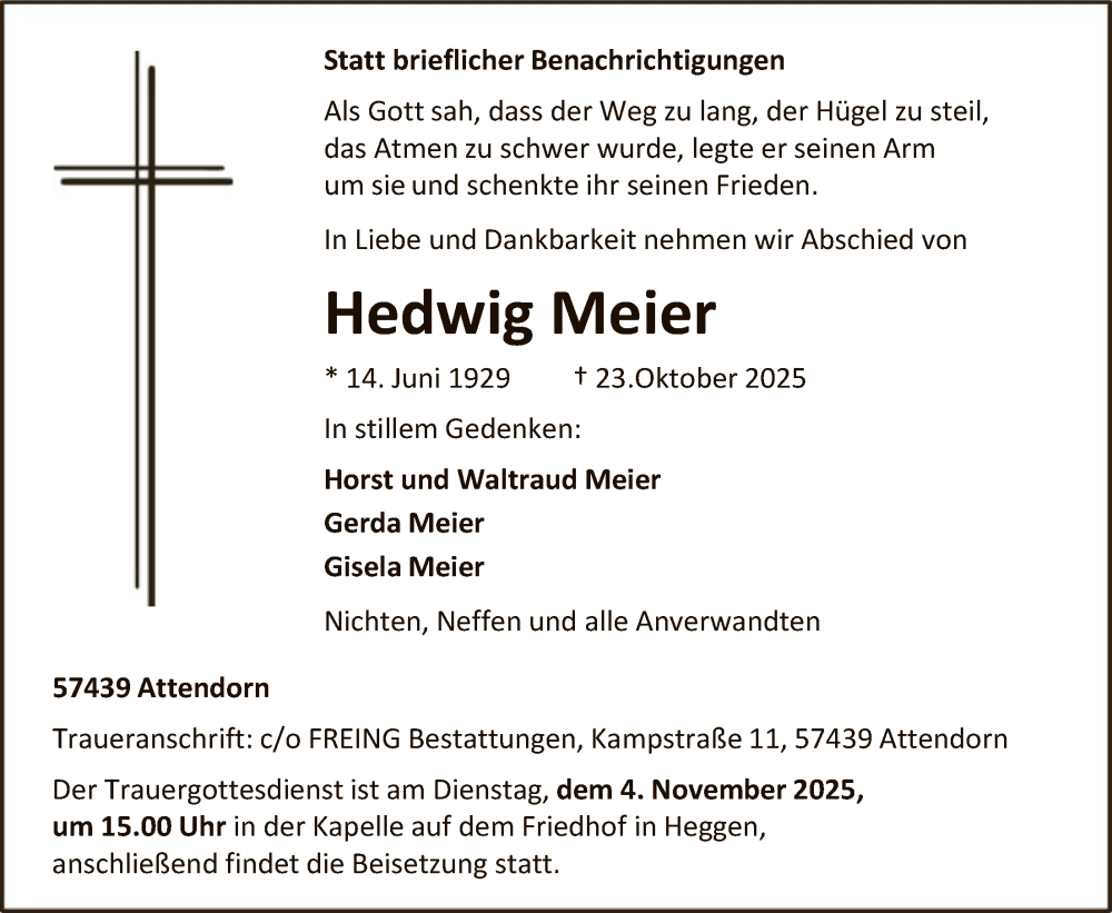  Traueranzeige für Hedwig Meier vom 31.10.2025 aus HASK