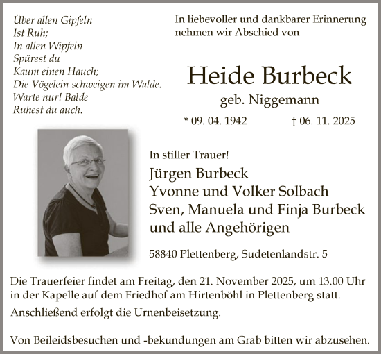Traueranzeige von Heide Burbeck von HALN