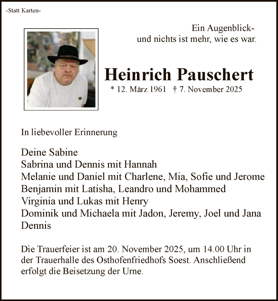  Traueranzeige für Heinrich Pauschert vom 15.11.2025 aus HASO