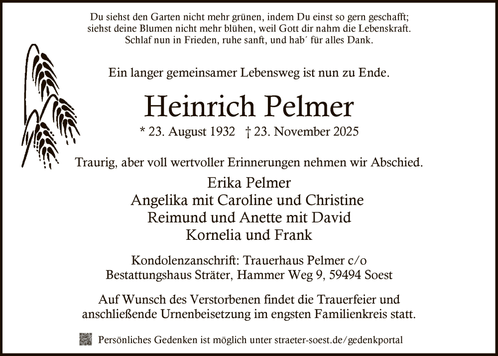  Traueranzeige für Heinrich Pelmer vom 29.11.2025 aus HASO