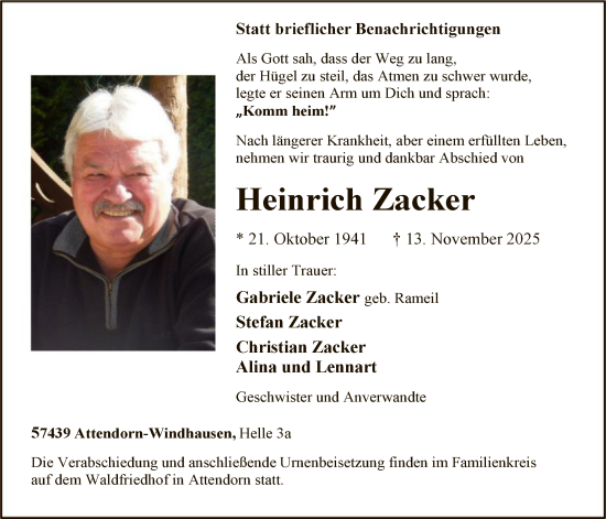 Traueranzeige von Heinrich Zacker von HASK