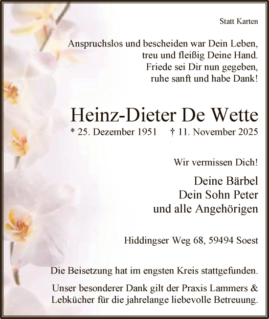 Traueranzeige von Heinz-Dieter De Wette von HASO
