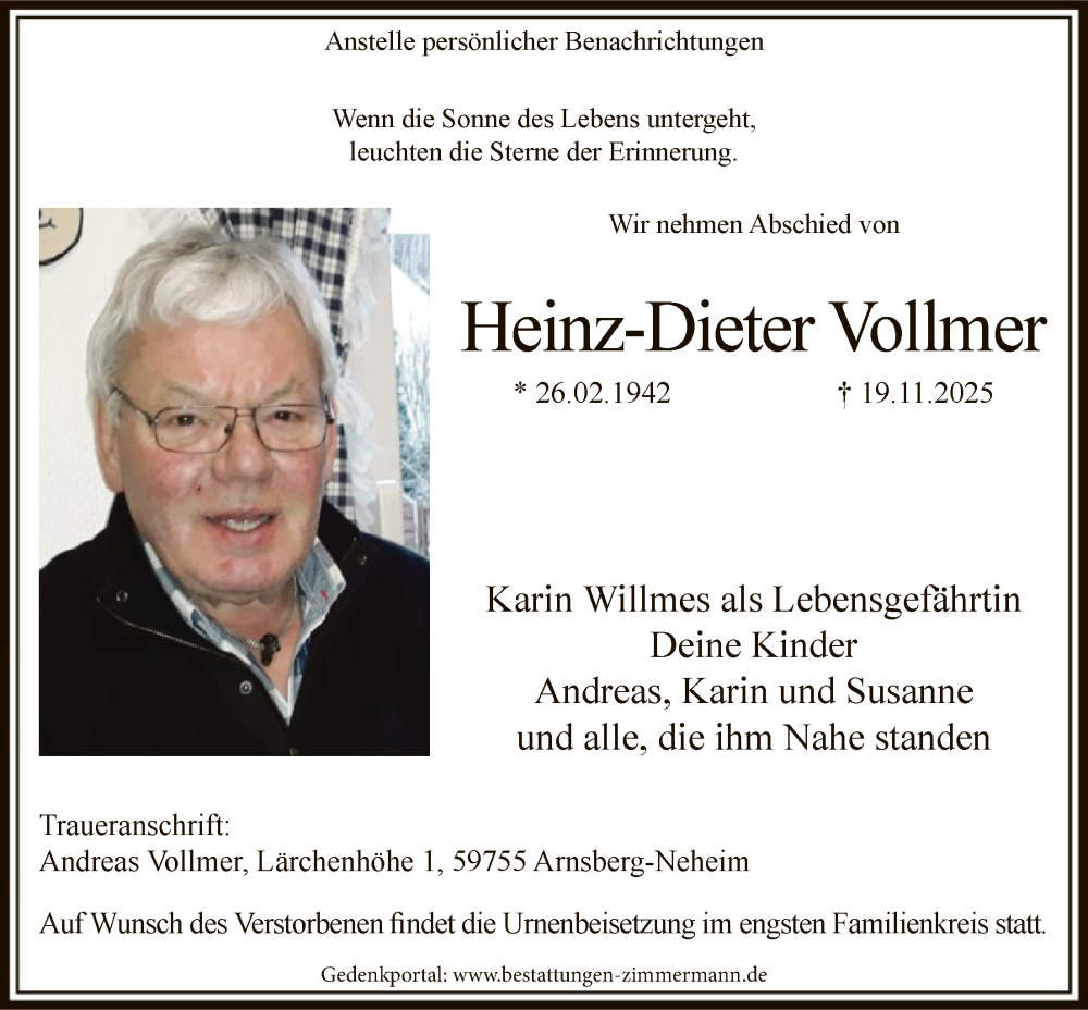  Traueranzeige für Heinz-Dieter Vollmer vom 29.11.2025 aus HASK