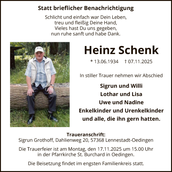 Traueranzeige von Heinz Schenk von HASK