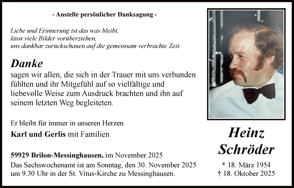  Traueranzeige für Heinz Schröder vom 22.11.2025 aus HASK