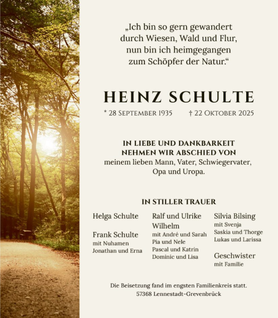 Traueranzeige von Heinz Schulte von HASK