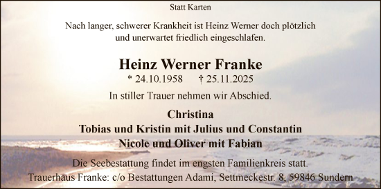 Traueranzeige von Heinz Werner Franke von HASK