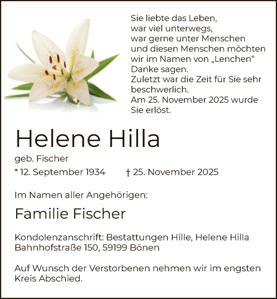 Traueranzeige von Helene Hilla von HAWA