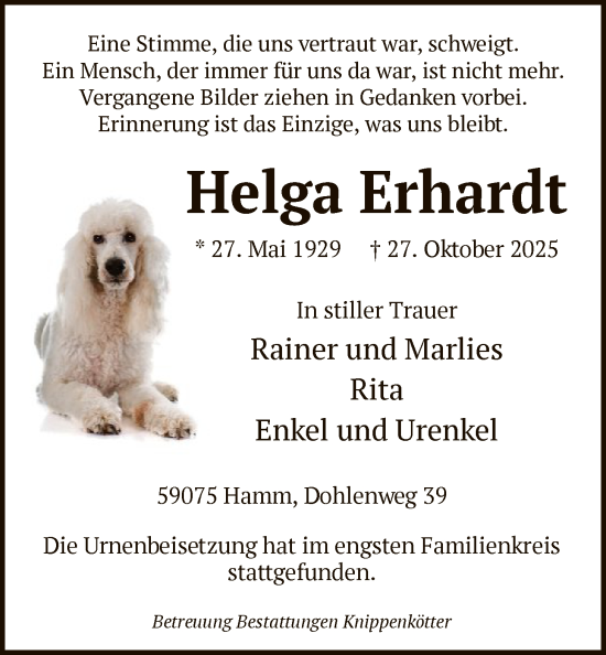 Traueranzeige von Helga Erhardt von HAWA
