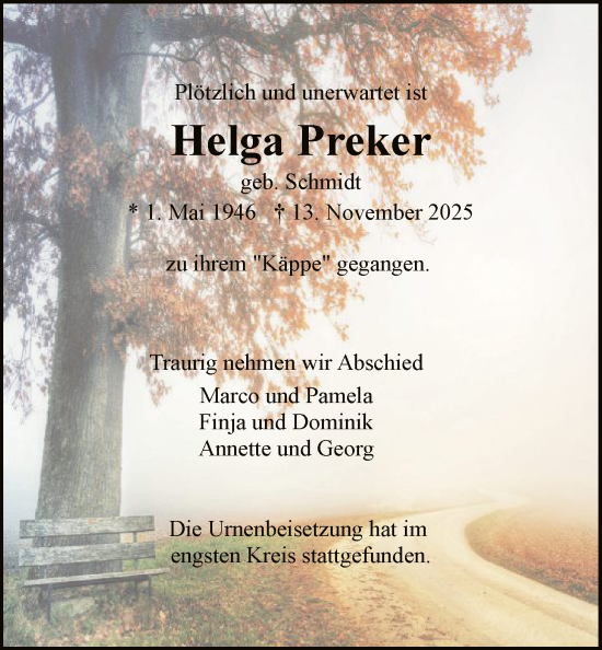 Traueranzeige von Helga Preker von HASO