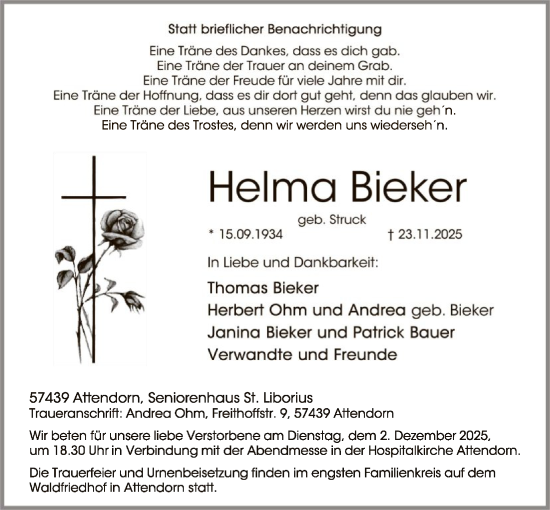 Traueranzeige von Helma Bieker von HASK