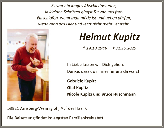 Traueranzeige von Helmut Kupitz von HASK