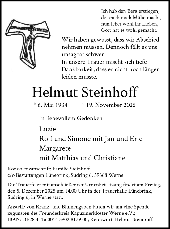 Traueranzeige von Helmut Steinhoff von HAWA