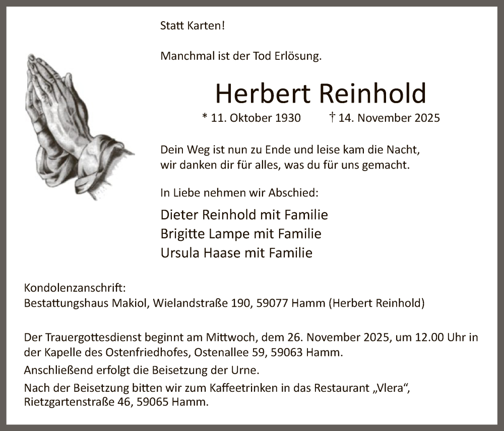  Traueranzeige für Herbert Reinhold vom 22.11.2025 aus HAWA